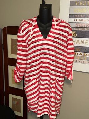 For Cynthia Red and White Striped hooded Crochet Swim Coverup